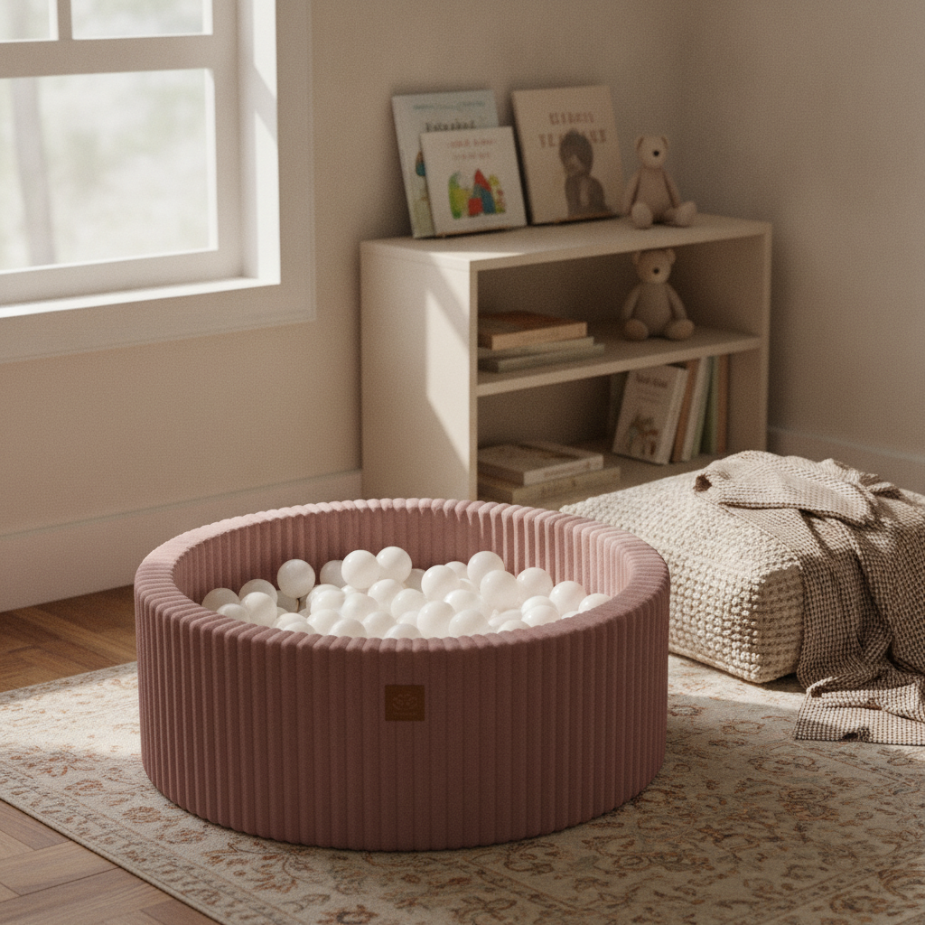 MeowBaby Ruby Chocolate Pink Churros round ball pit styled in a real home setting