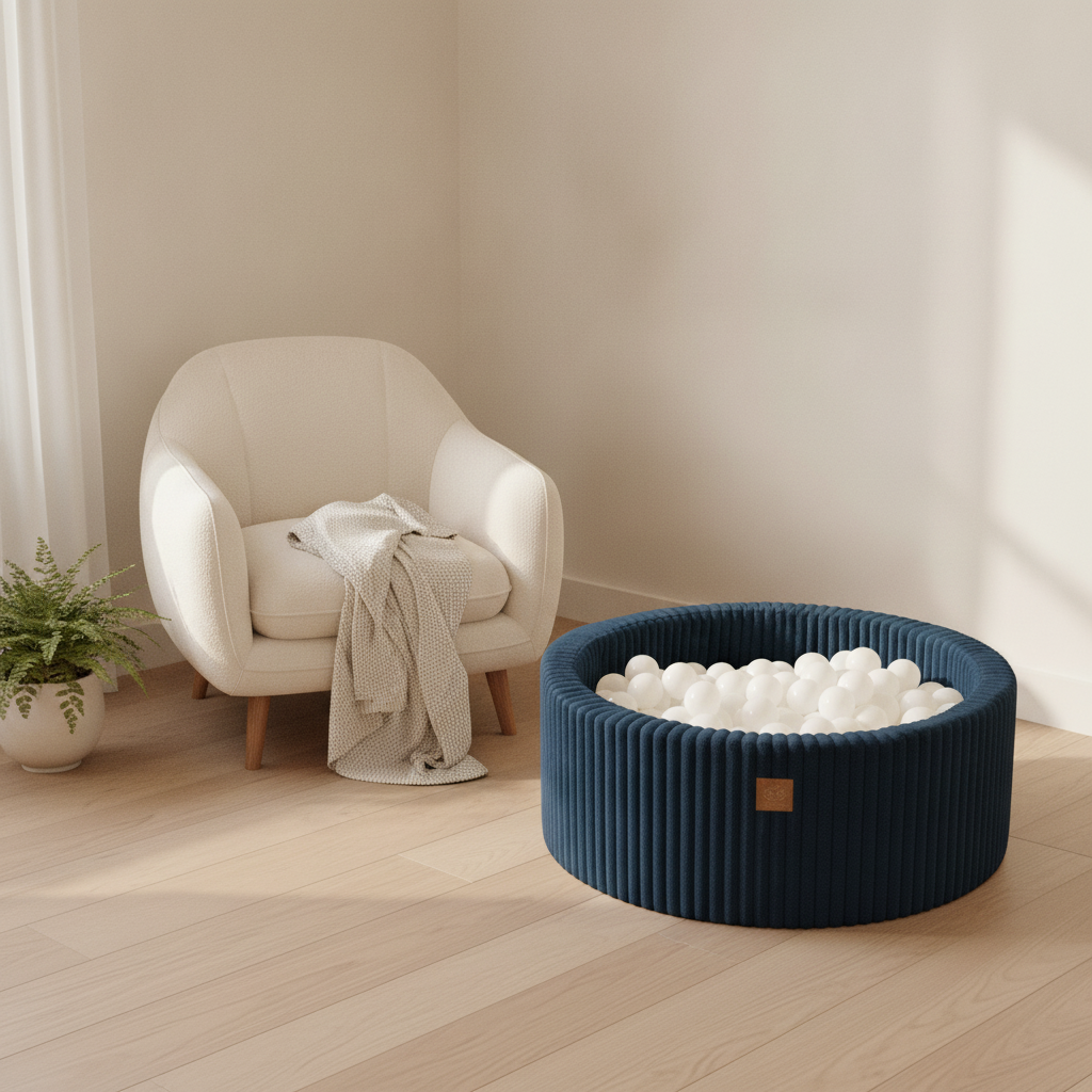MeowBaby Midnight Blue Churros round ball pit styled in a real home setting