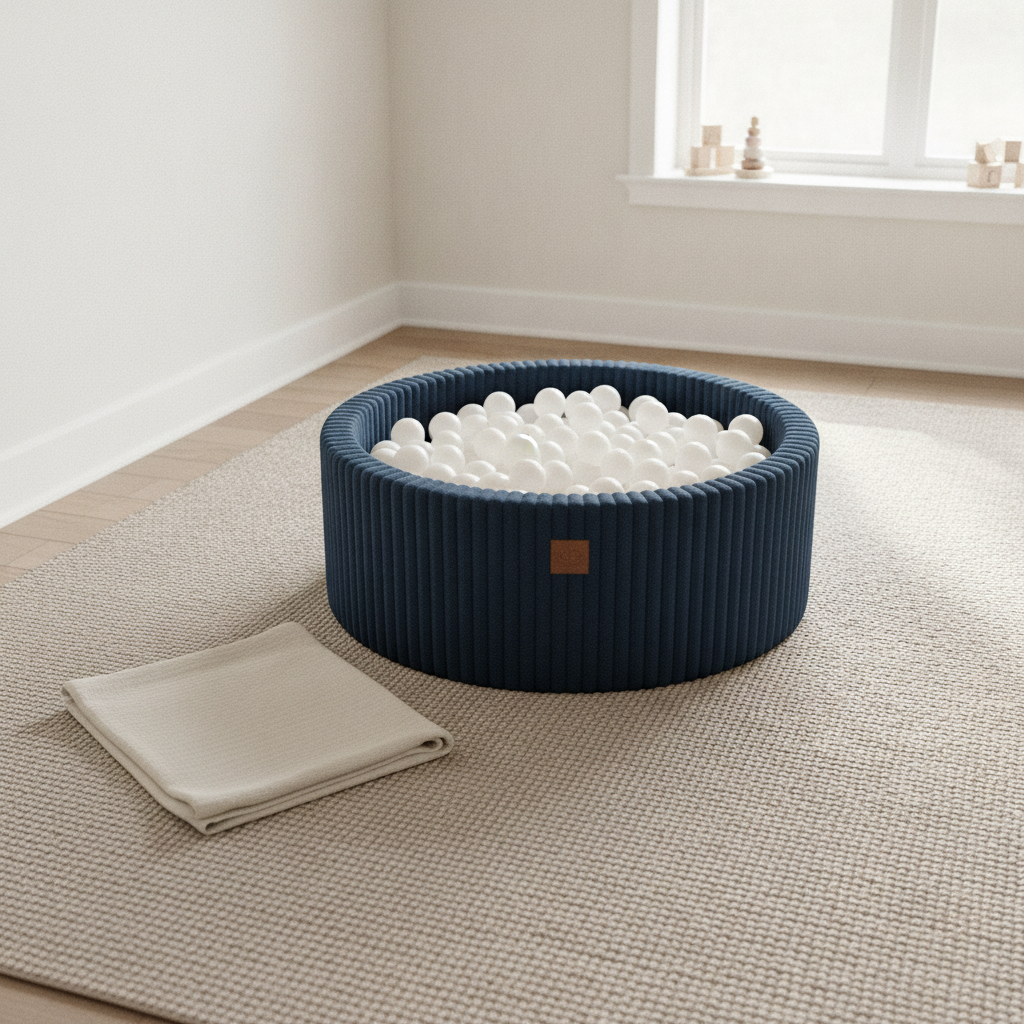 MeowBaby Midnight Blue Churros round ball pit on a rug in a bright playroom