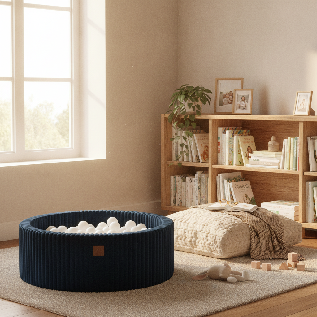 MeowBaby Midnight Blue Churros round ball pit in a cosy reading nook