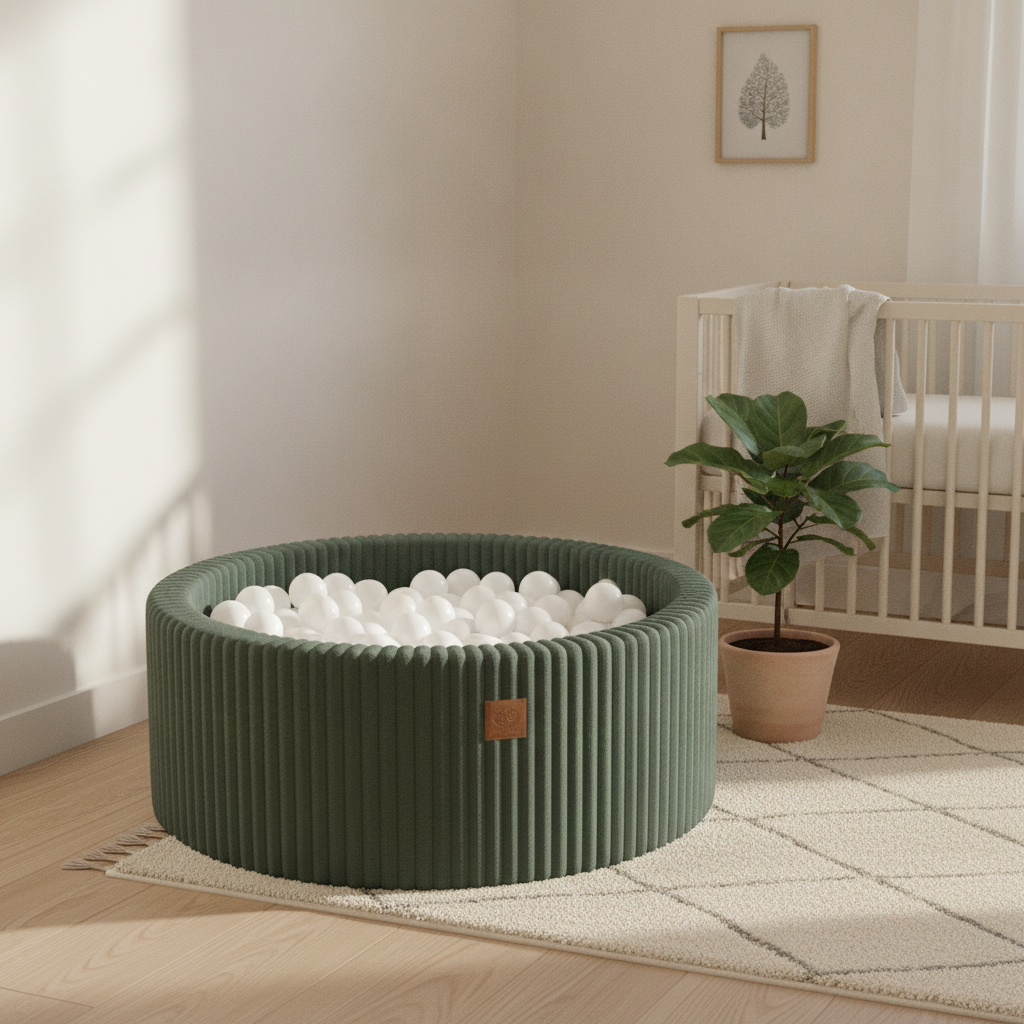 MeowBaby Olive Sage Green Churros round ball pit styled in a real home setting