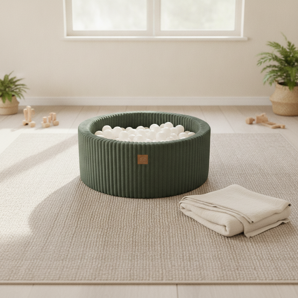 MeowBaby Olive Sage Green Churros round ball pit styled in a real home setting