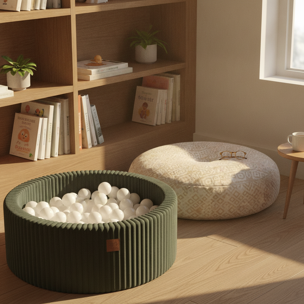 MeowBaby Olive Sage Green Churros round ball pit styled in a real home setting