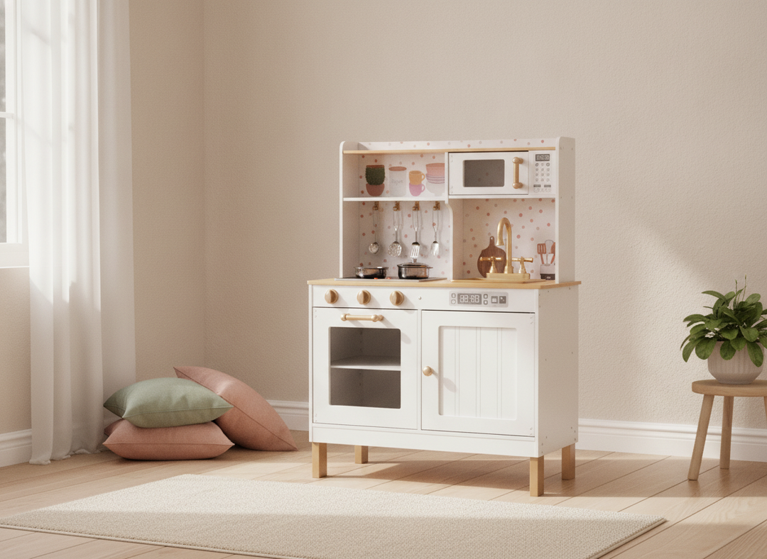 MeowBaby White & Rose Gold Wooden Play Kitchen styled in a calm modern playroom corner