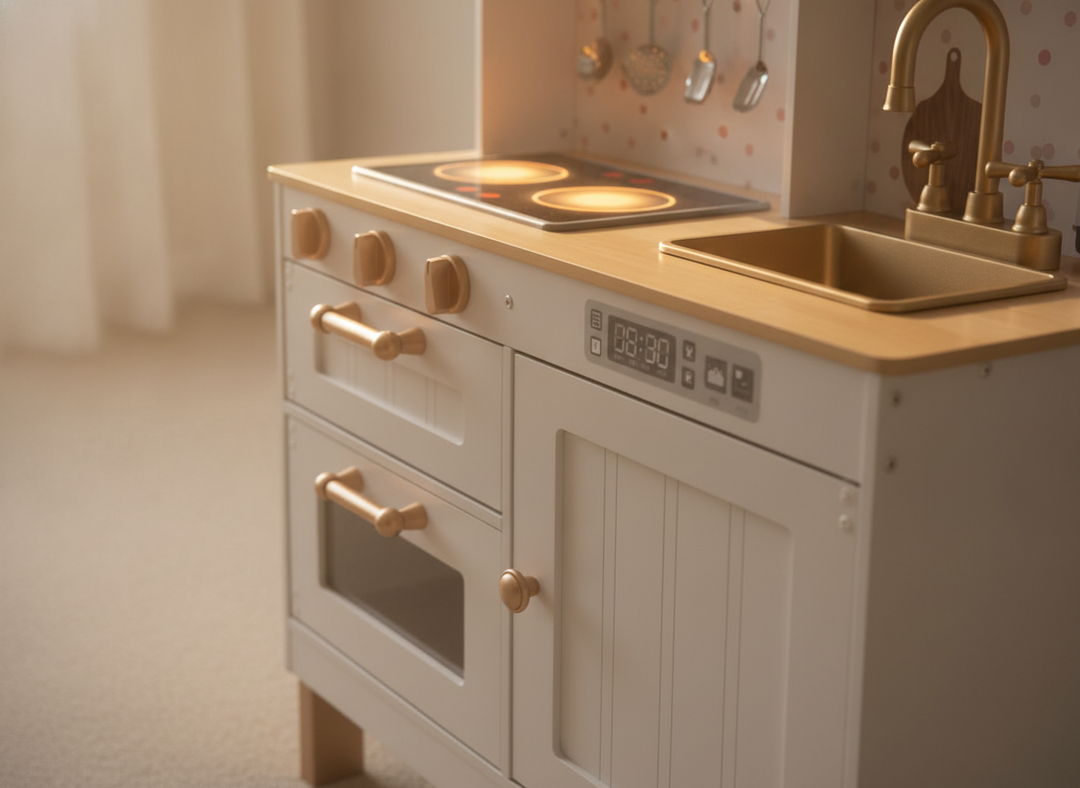 Close view of the MeowBaby White & Rose Gold Wooden Play Kitchen hob and rose gold hardware