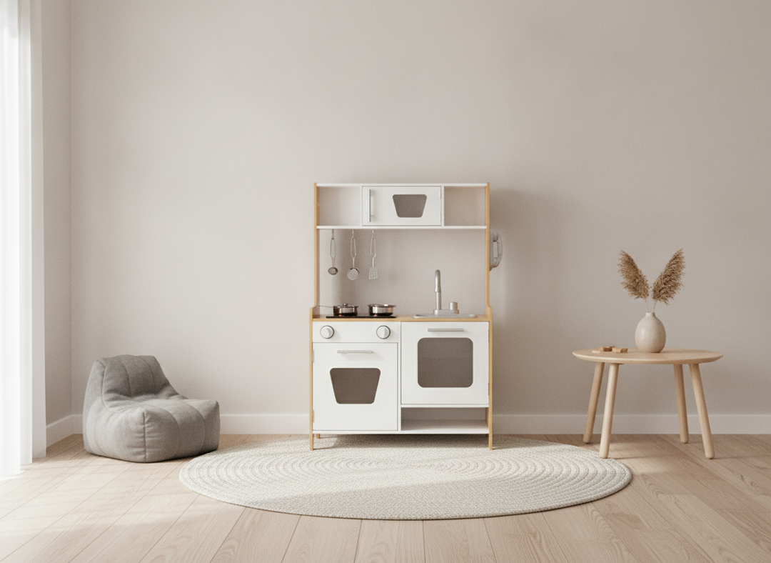 MeowBaby Natural & White Wooden Play Kitchen styled in a calm modern playroom corner