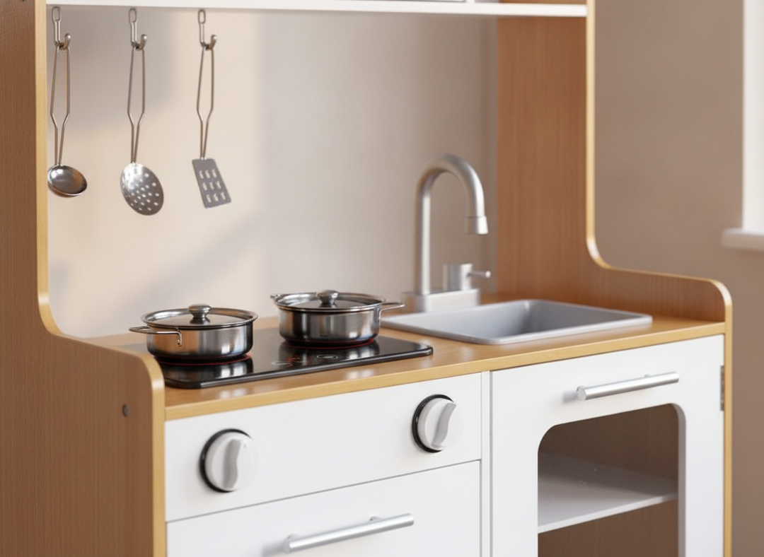 Close view of the MeowBaby Natural & White Wooden Play Kitchen hob, sink and hanging utensils