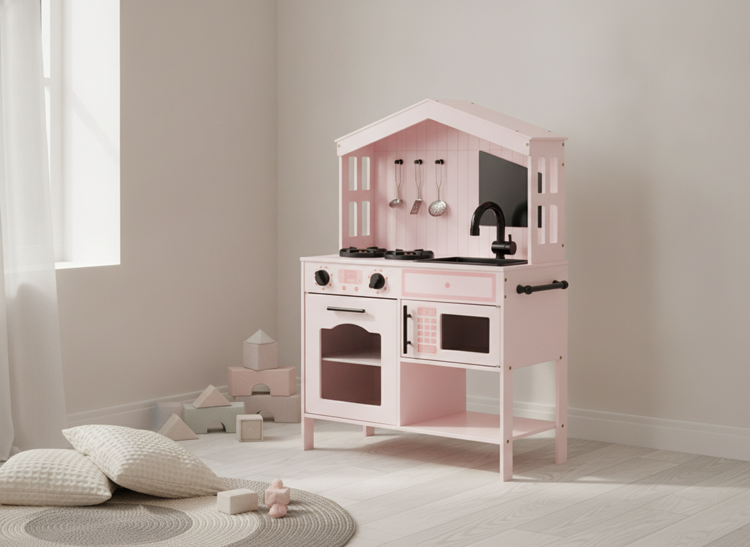MeowBaby Pink Cottage Wooden Play Kitchen styled in a calm modern playroom corner