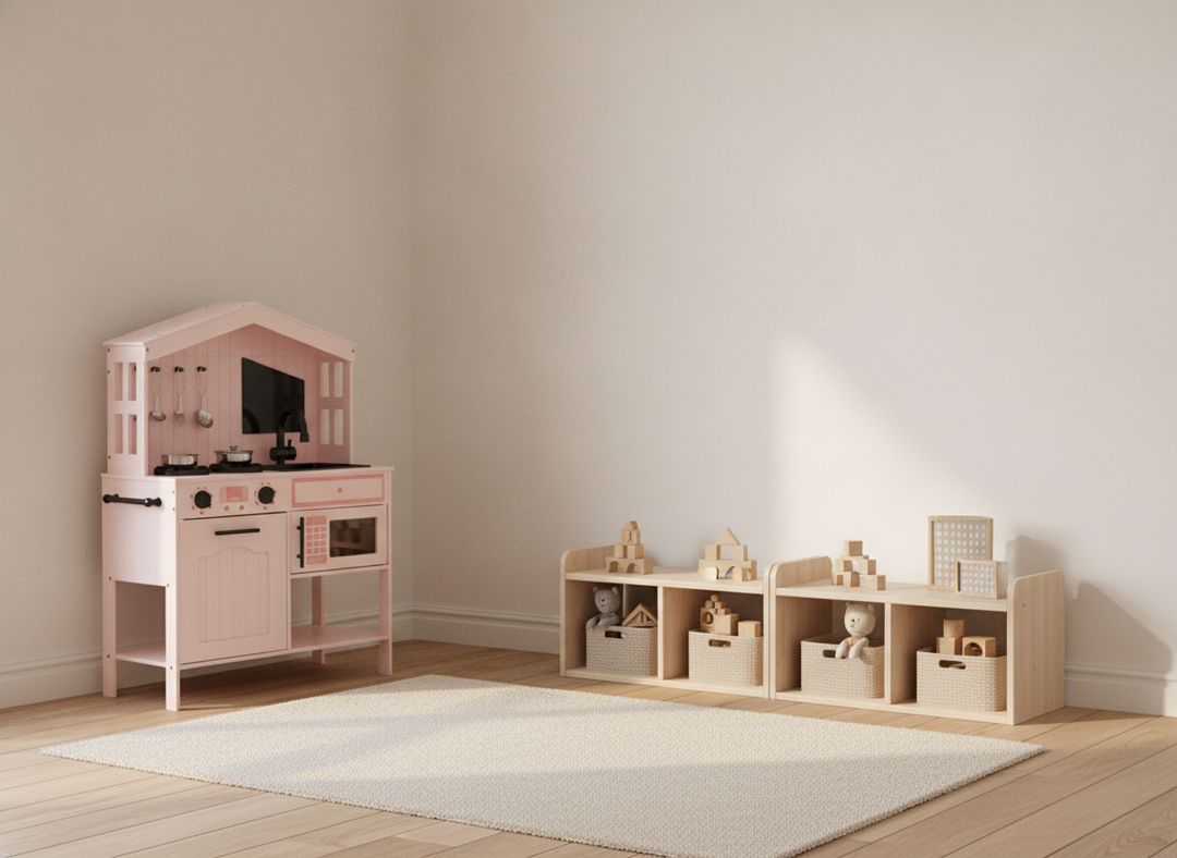 MeowBaby Pink Cottage Wooden Play Kitchen in a wider tidy modern playroom setting