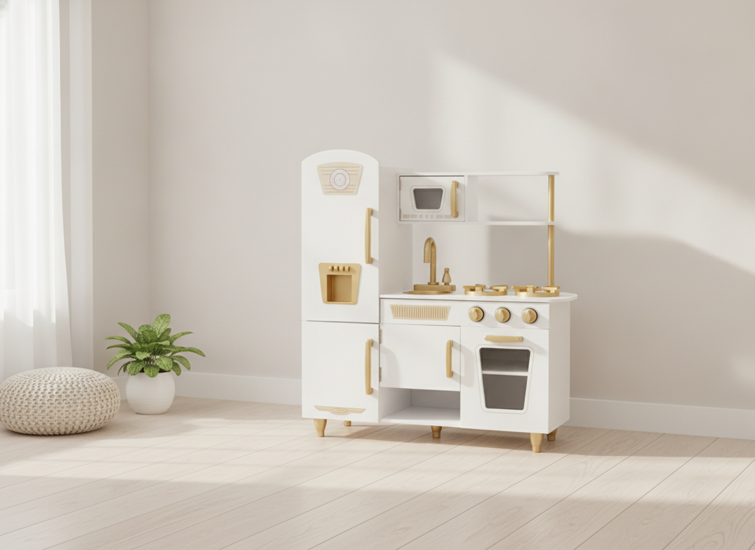 MeowBaby White & Gold Wooden Play Kitchen styled in a calm modern playroom corner