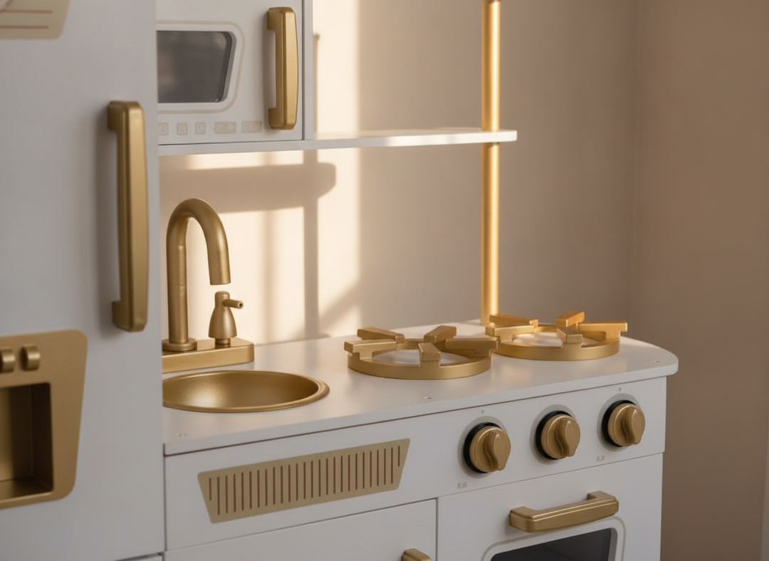 Close view of the MeowBaby White & Gold Wooden Play Kitchen fridge column and gold hardware