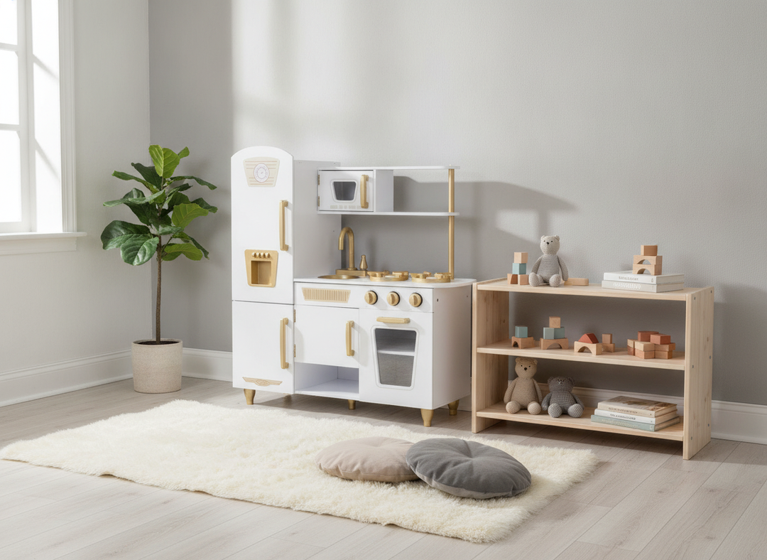 MeowBaby White & Gold Wooden Play Kitchen in a wider tidy modern playroom setting
