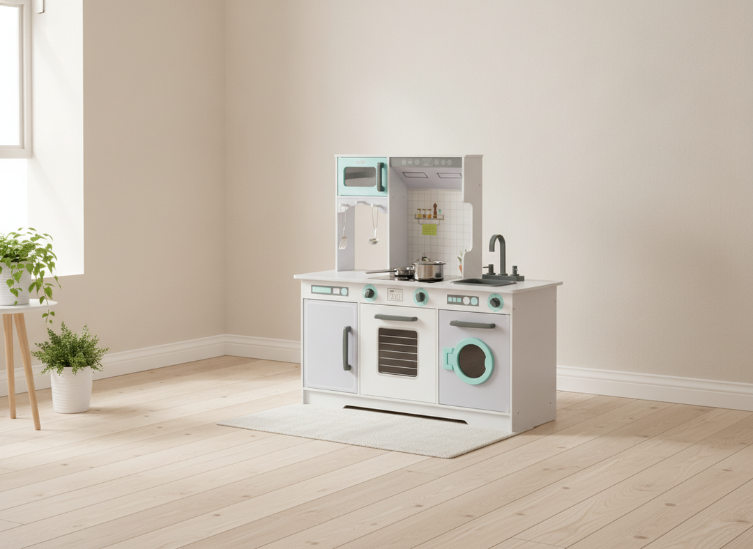 MeowBaby Grey & Teal Wooden Play Kitchen styled in a calm modern playroom corner