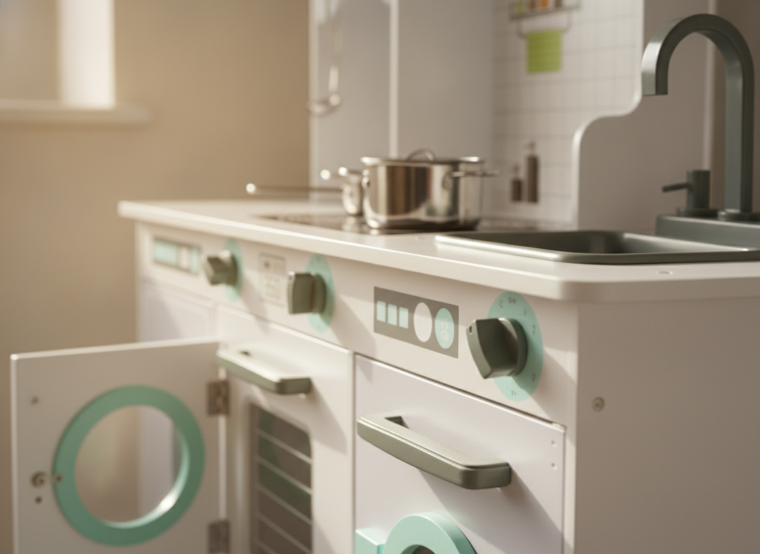 Close view of the MeowBaby Grey & Teal Wooden Play Kitchen washing machine and hob