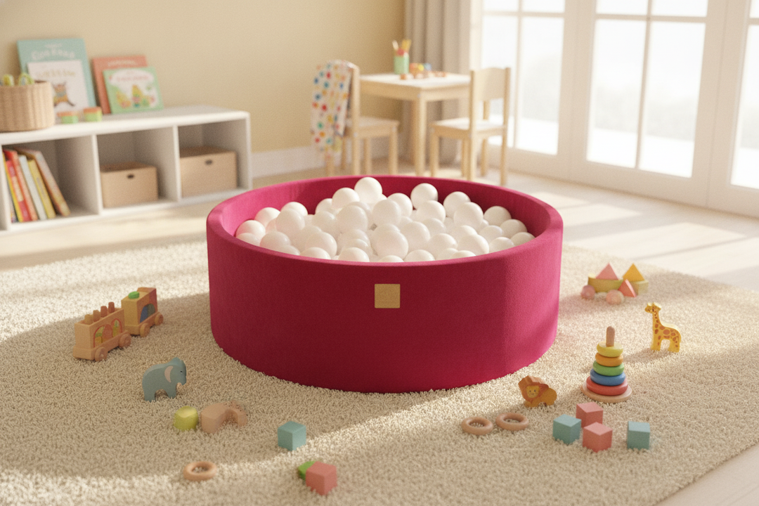 MeowBaby Magenta Round Velvet Ball Pit on a rug in a bright playroom
