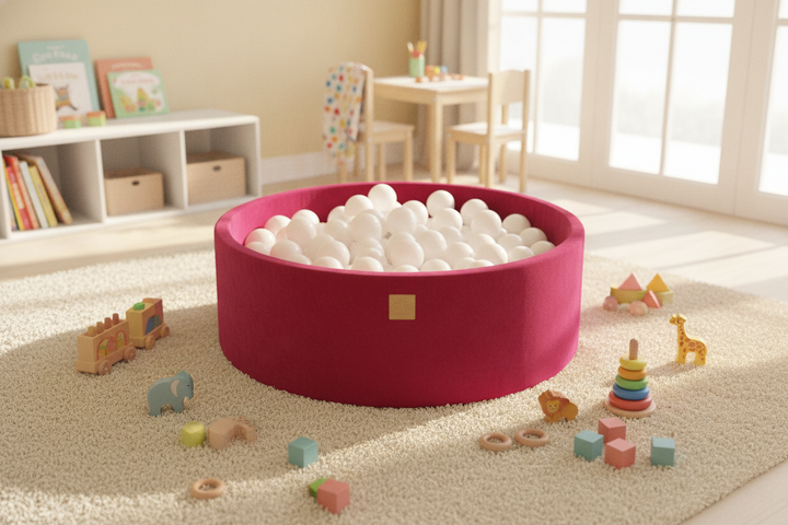 MeowBaby Magenta Round Velvet Ball Pit on a rug in a bright playroom