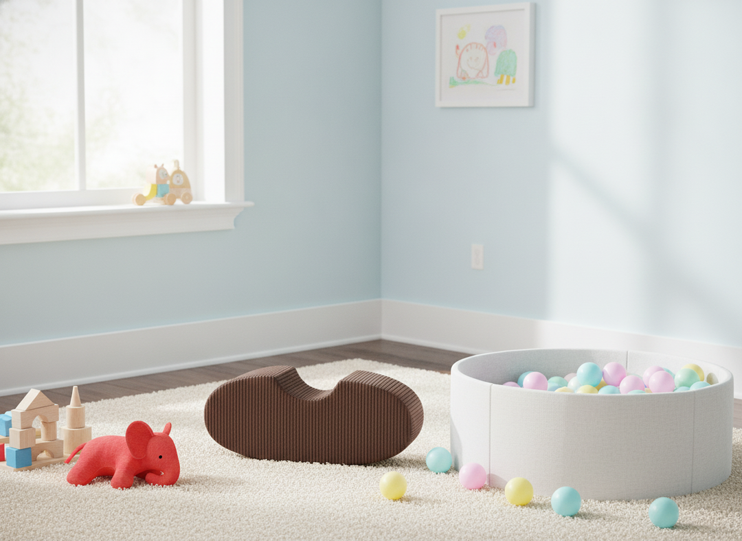MeowBaby Bean Shape brown kidney-shaped foam module styled in a playroom beside a ball pit