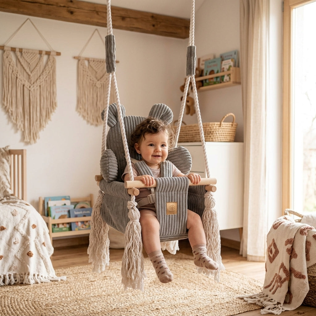 Baby sitting in the MeowBaby Bear Swing in a cozy nursery