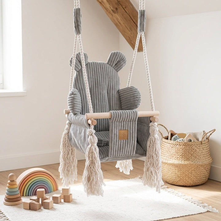 MeowBaby Bear Swing hanging empty in a bright playroom