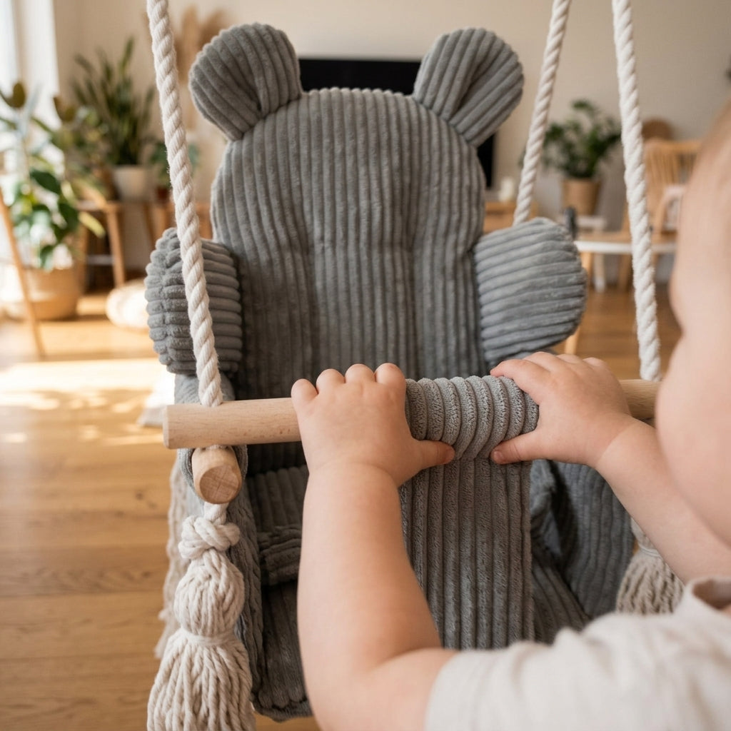 Close-up of a toddler swinging in the MeowBaby Bear Swing