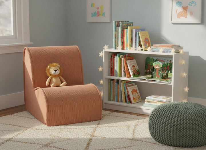 MeowBaby Chair for Children terracotta corduroy chair styled in a reading corner