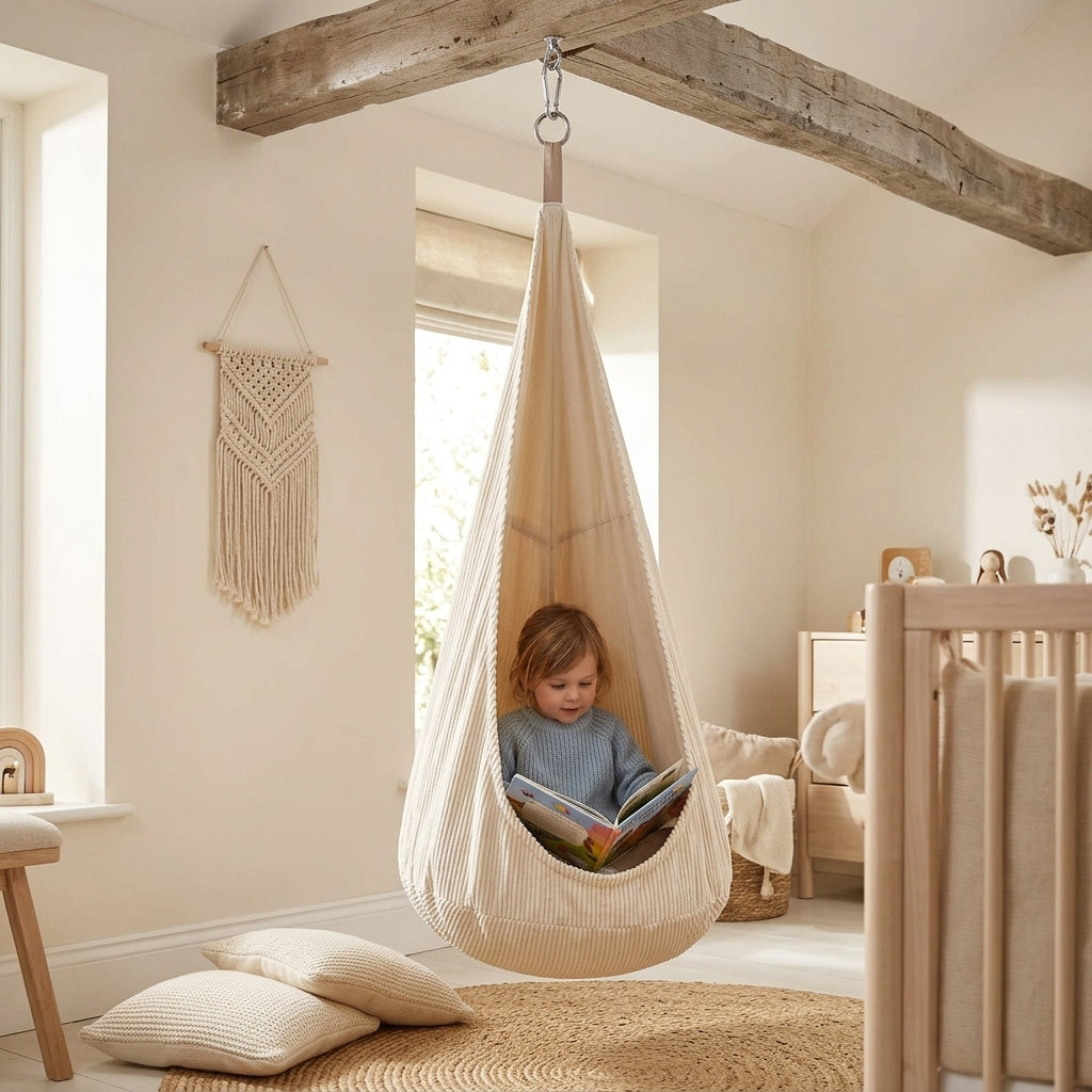 MeowBaby Cocoon Swing hanging in a cozy nursery reading corner