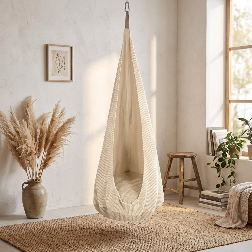 MeowBaby Cocoon Swing hanging empty in a boho living room corner
