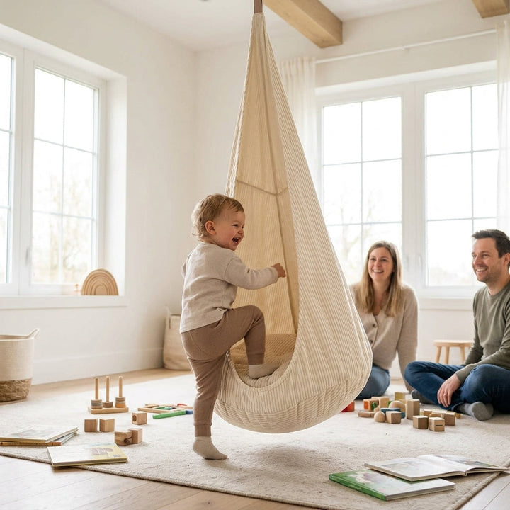 Toddler climbing into the MeowBaby Cocoon Swing in a bright playroom