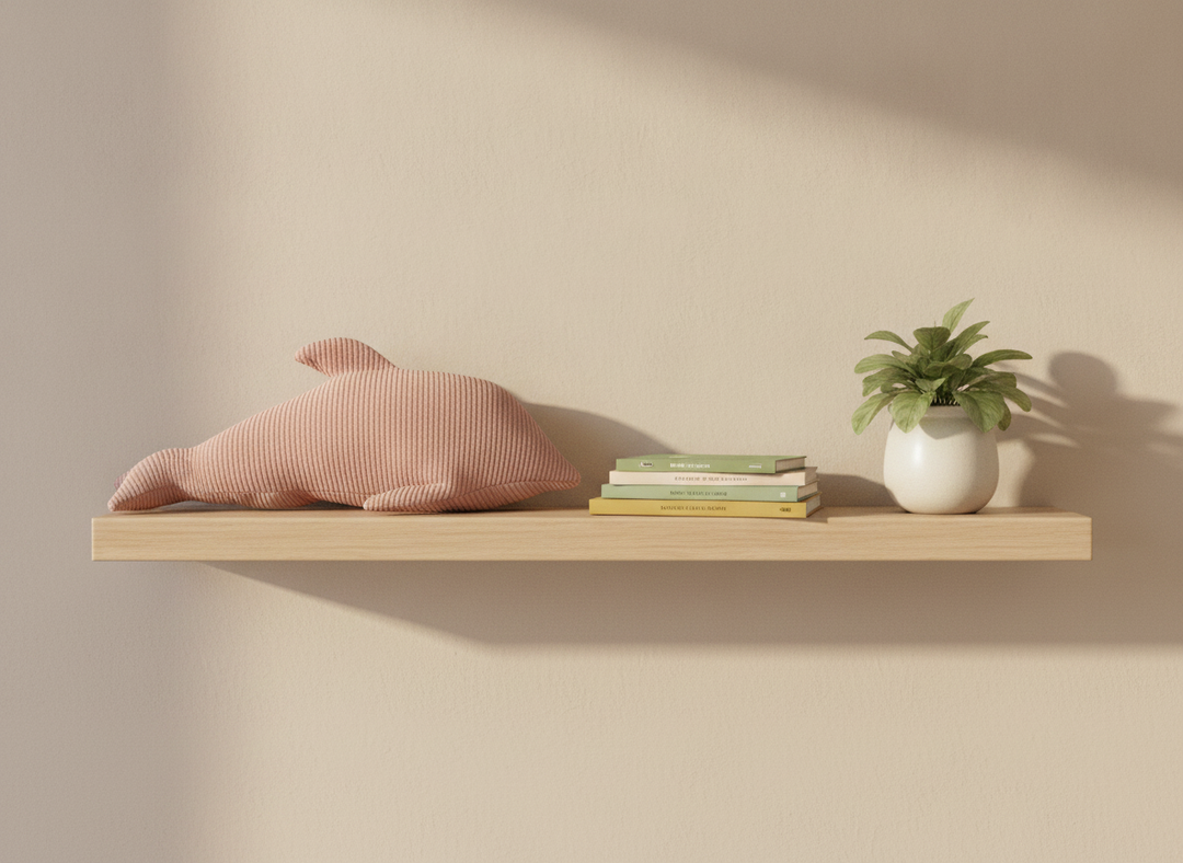 MeowBaby Dolphin Decorative Pillow in Dusty Rose propped on a nursery shelf beside picture books
