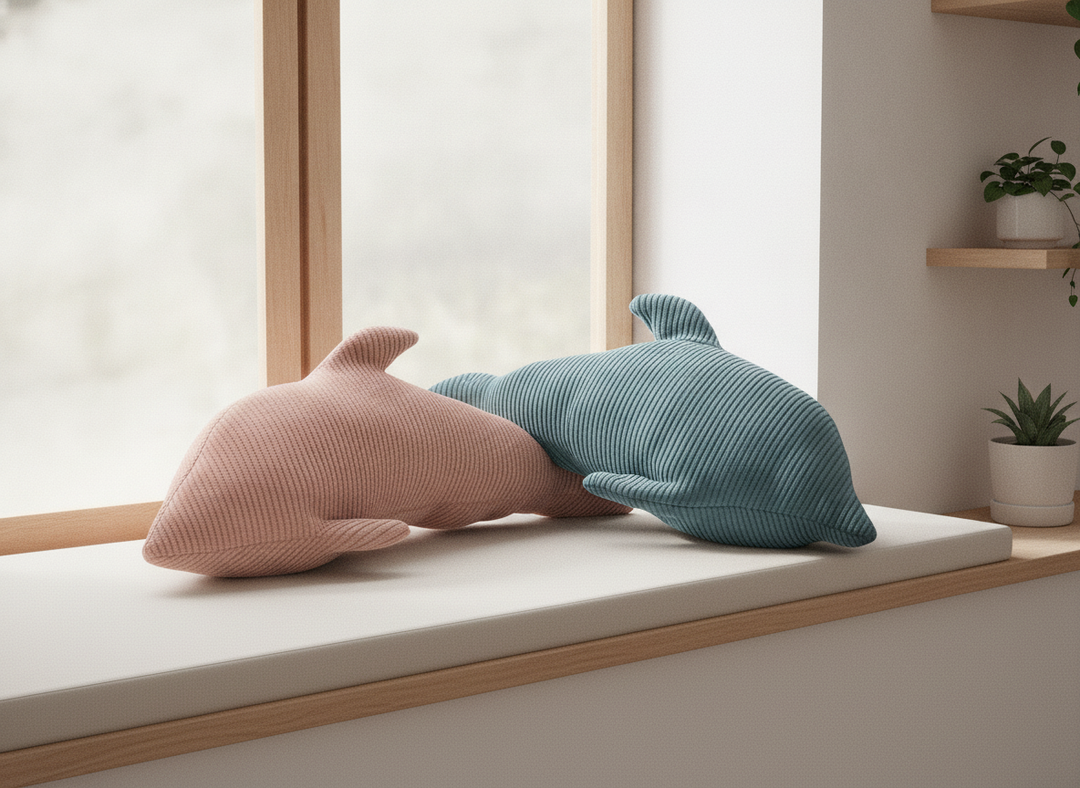 MeowBaby Dolphin Decorative Pillows in Dusty Rose and Dusty Teal together on a window seat