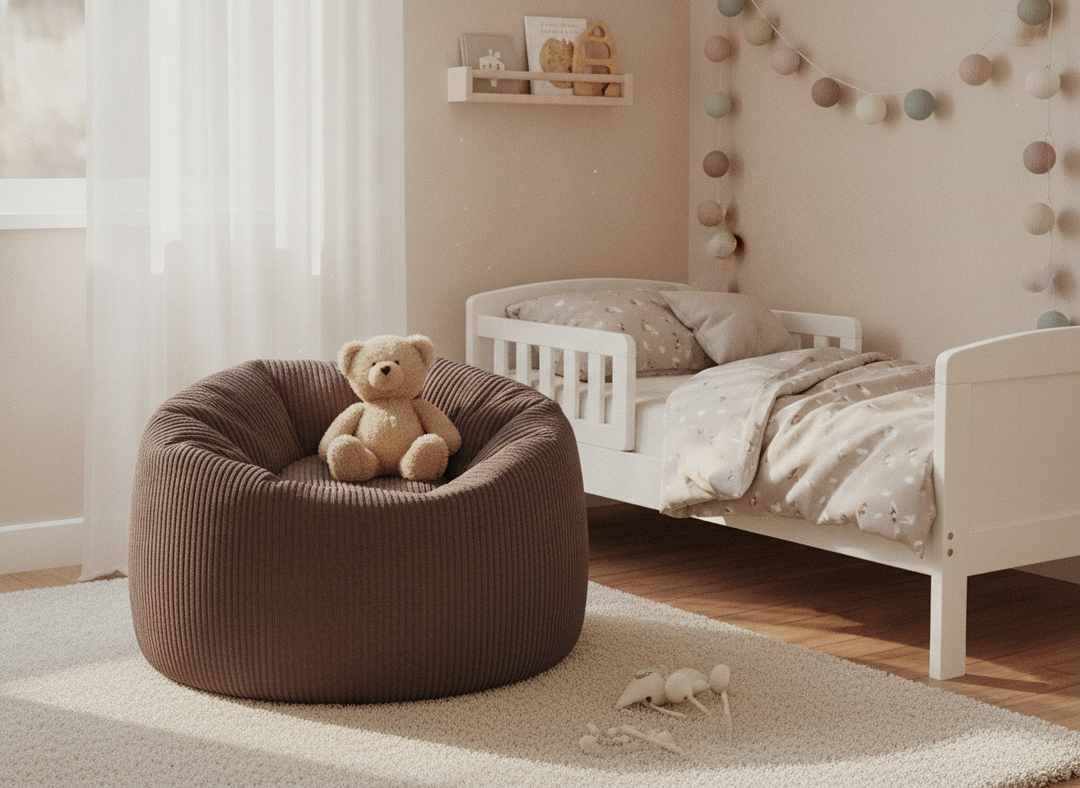 MeowBaby Floreo Bean Bag flower-shaped corduroy pouf styled in a bedroom beside a bed