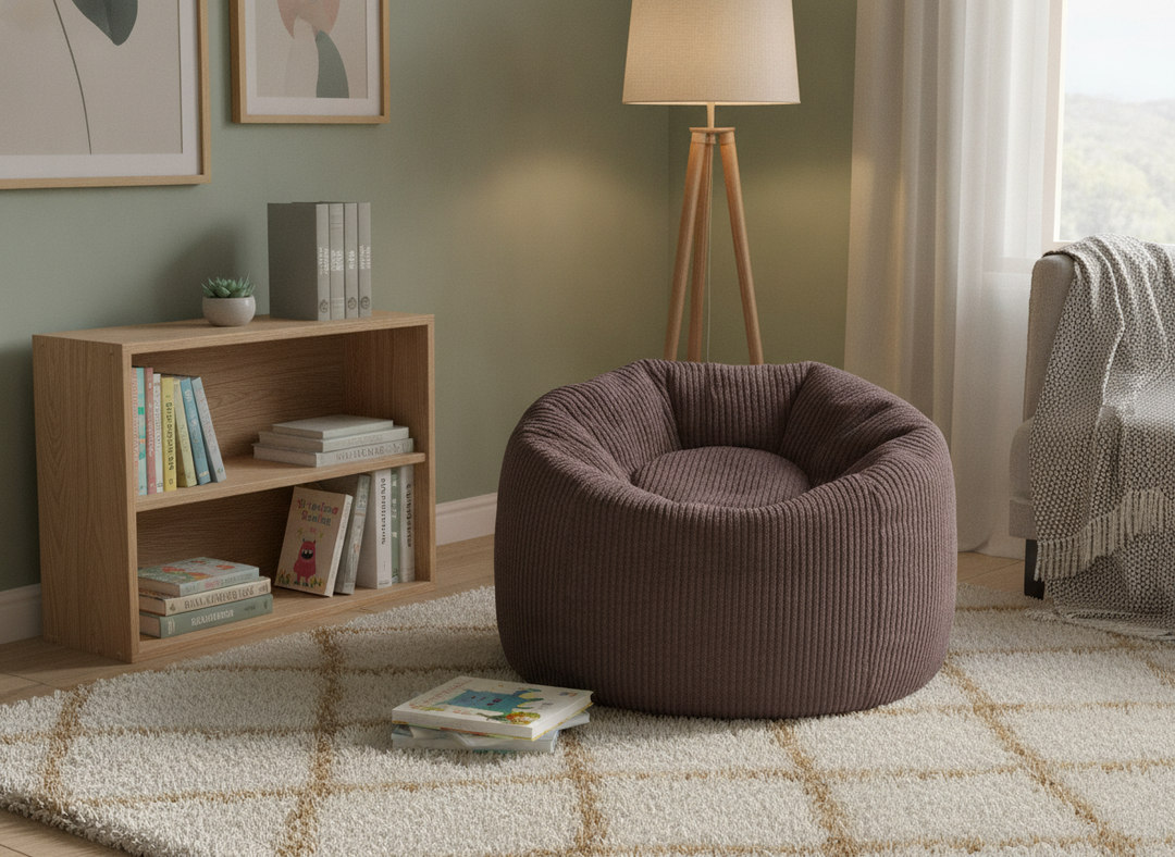 MeowBaby Floreo Bean Bag flower-shaped corduroy pouf styled in a living room reading nook