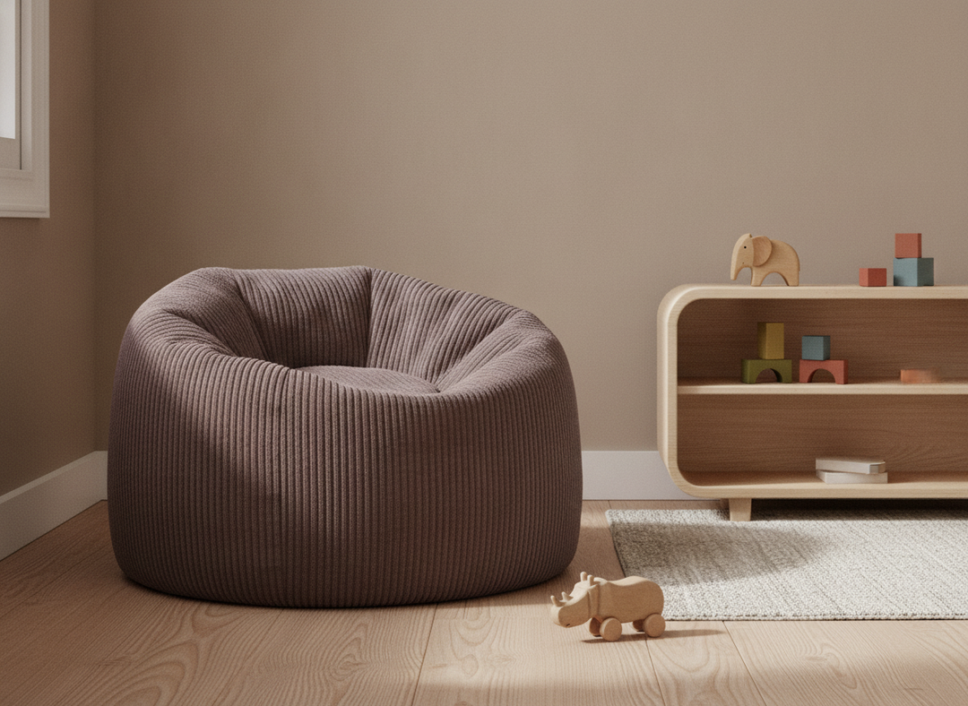 MeowBaby Floreo Bean Bag flower-shaped corduroy pouf styled in a playroom beside a toy shelf