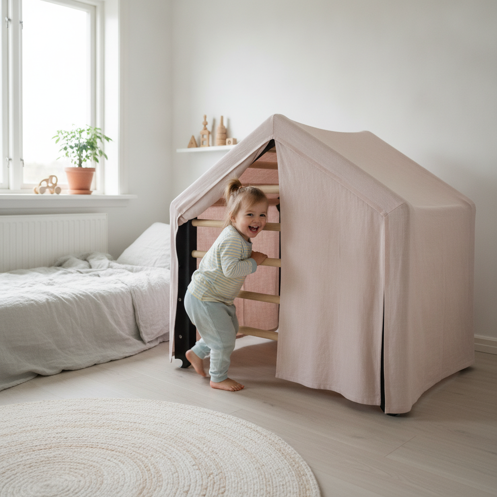 Child climbing a MeowBaby wooden ladder in a bright bedroom
