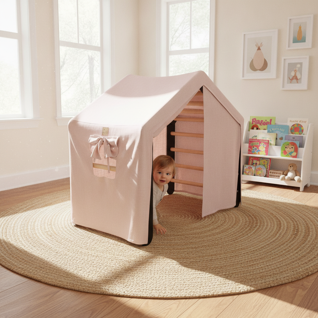 Child peeking out of the MeowBaby Large House and Ladder Climbing Set window