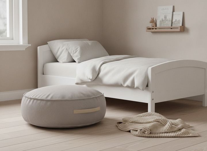 MeowBaby Round Pouf grey corduroy floor pouf styled in a Scandinavian bedroom