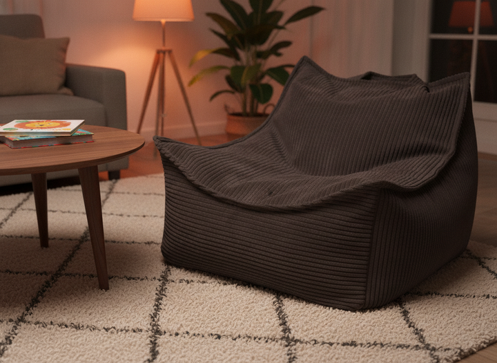 MeowBaby Sako Bag corduroy chair styled in a family living room corner