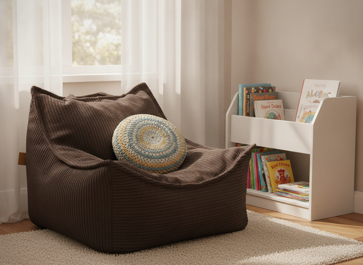 MeowBaby Sako Bag corduroy chair styled in a bedroom reading nook beside a bookcase