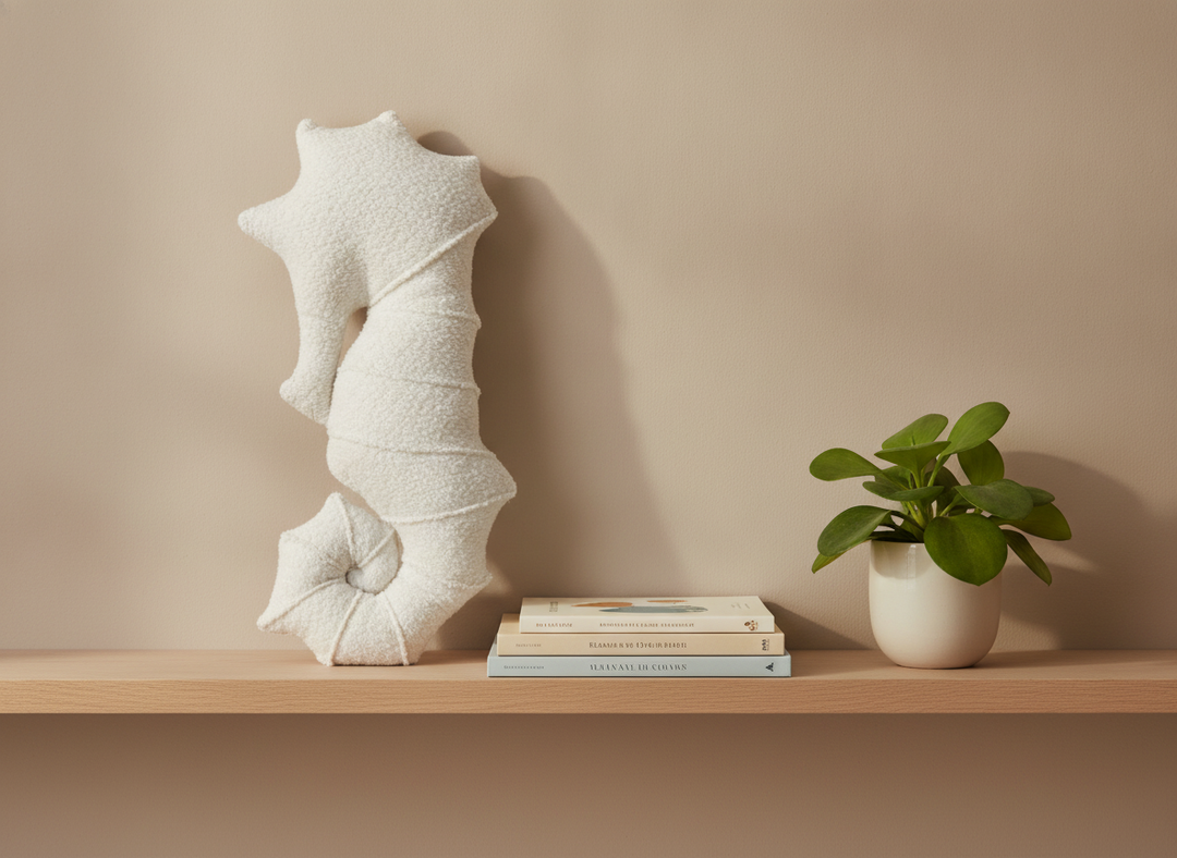 MeowBaby Seahorse Decorative Pillow in White propped on a nursery shelf beside picture books
