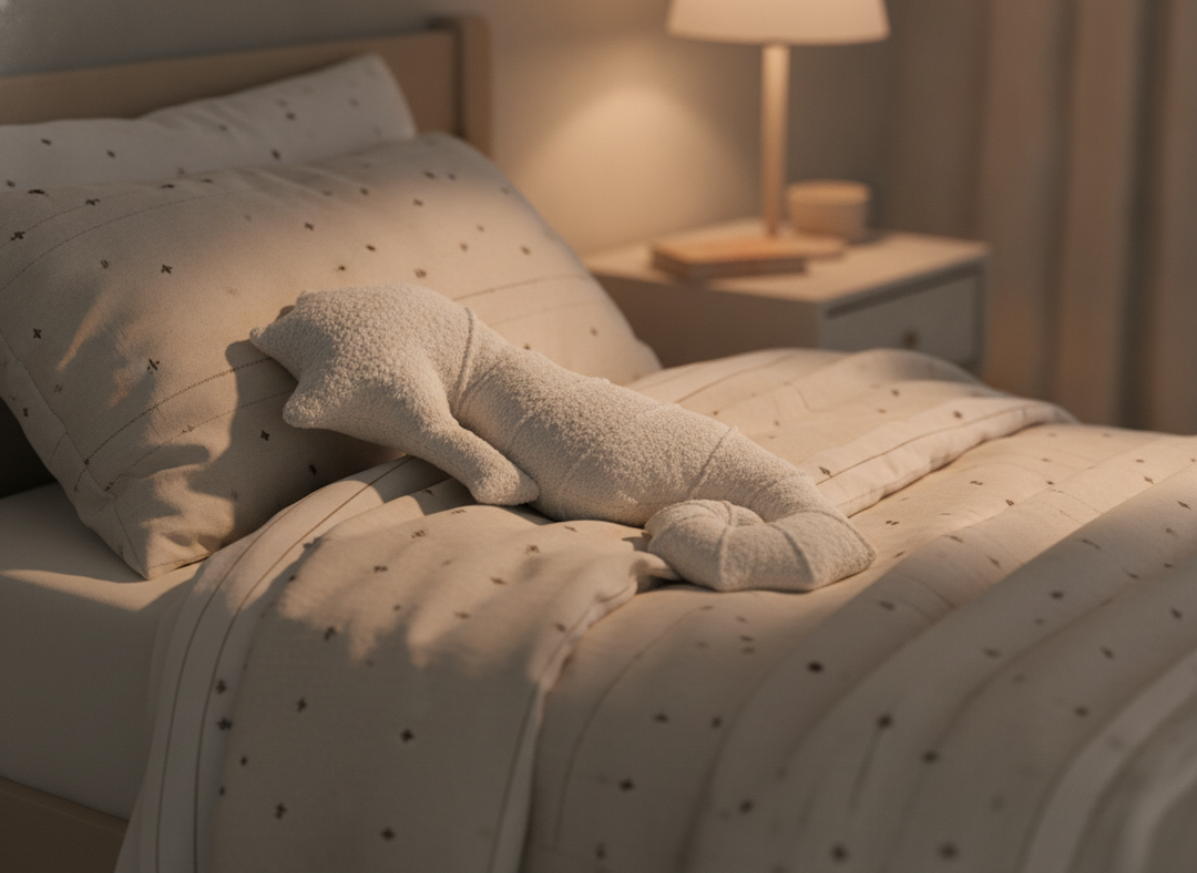 MeowBaby Seahorse Decorative Pillow in White curled on a child's bed at bedtime