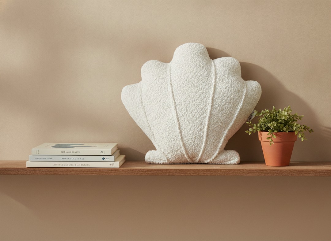 MeowBaby Shell Decorative Pillow in White propped on a nursery shelf beside picture books