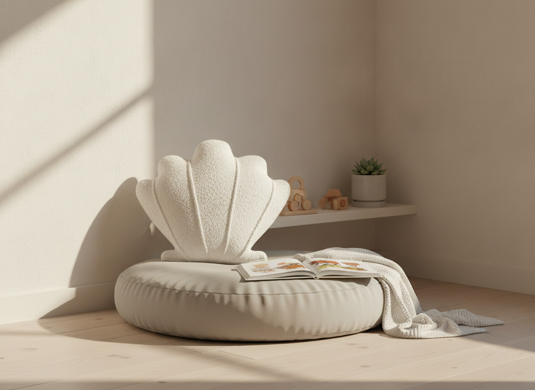 MeowBaby Shell Decorative Pillow in White in a reading corner beside an open picture book