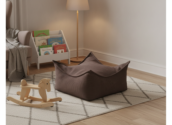 MeowBaby Square Puff corduroy floor pouf in a family reading corner beside a bookshelf