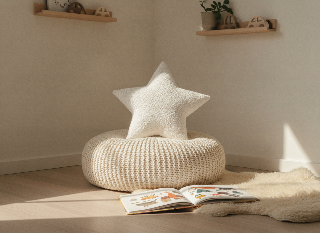 MeowBaby Star Decorative Pillow in White in a reading corner beside an open picture book