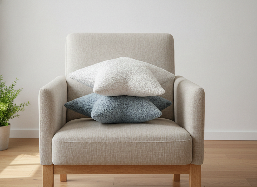 MeowBaby Star Decorative Pillows in White and Slate Blue together on an armchair