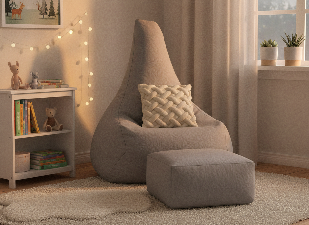 MeowBaby Outzy Tearo grey bean bag chair and matching footstool styled in a bedroom corner