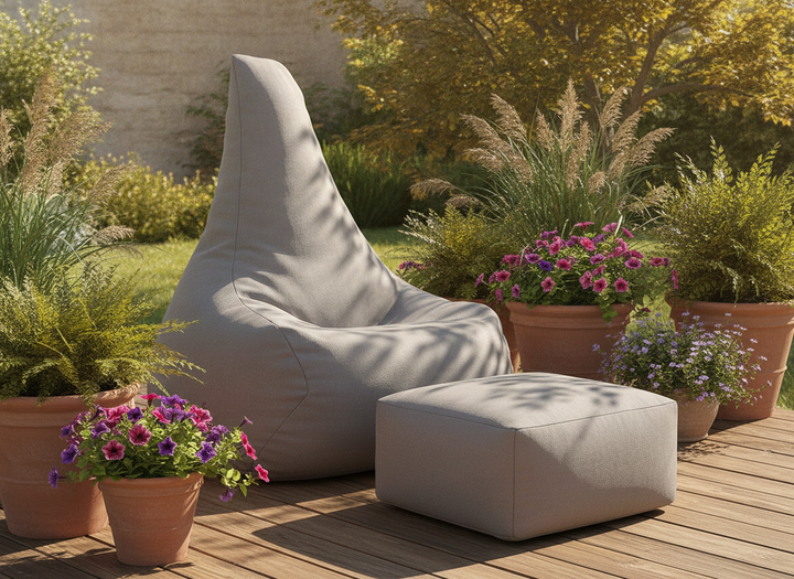 MeowBaby Outzy Tearo grey bean bag chair and matching footstool styled on a garden patio