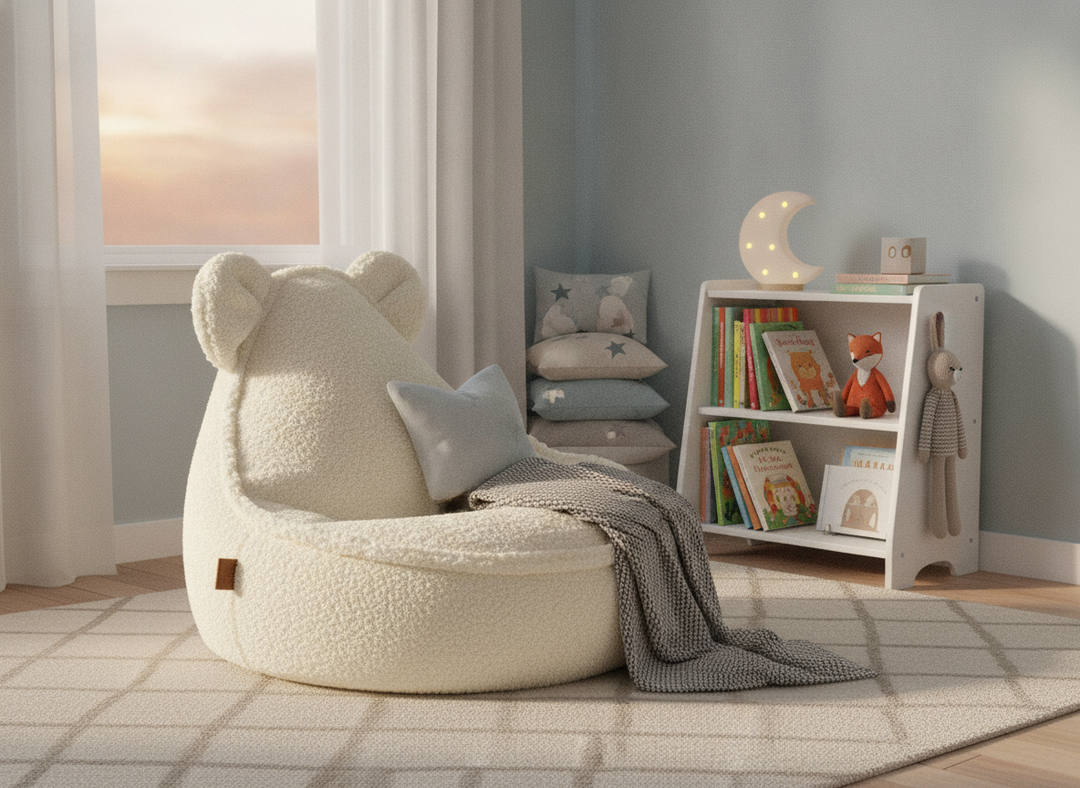 MeowBaby Teddy Sako Bag cream teddy bear chair styled in a bedroom reading corner