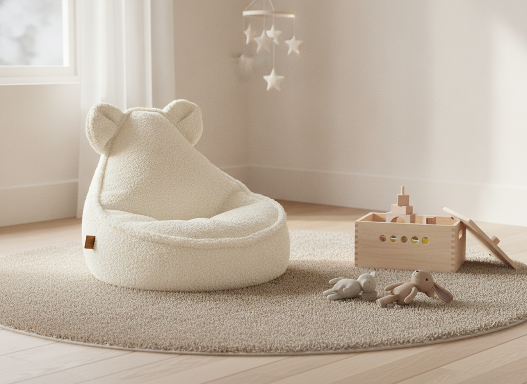 MeowBaby Teddy Sako Bag cream teddy bear chair styled in a playroom beside a toy box