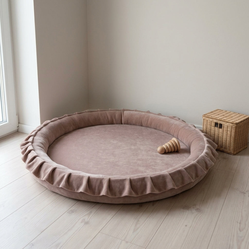Monio for Kids Beige Velvet Padded Nest Playmat in a Scandinavian-style nursery setting